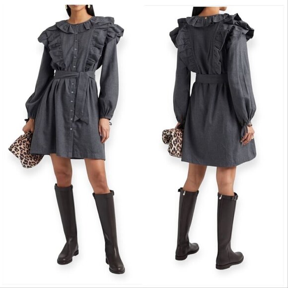 Antik Batik Lova Belted Ruffled Cotton-flannel Mini Dress In‎ Dark Gray, NWT - Picture 1 of 15